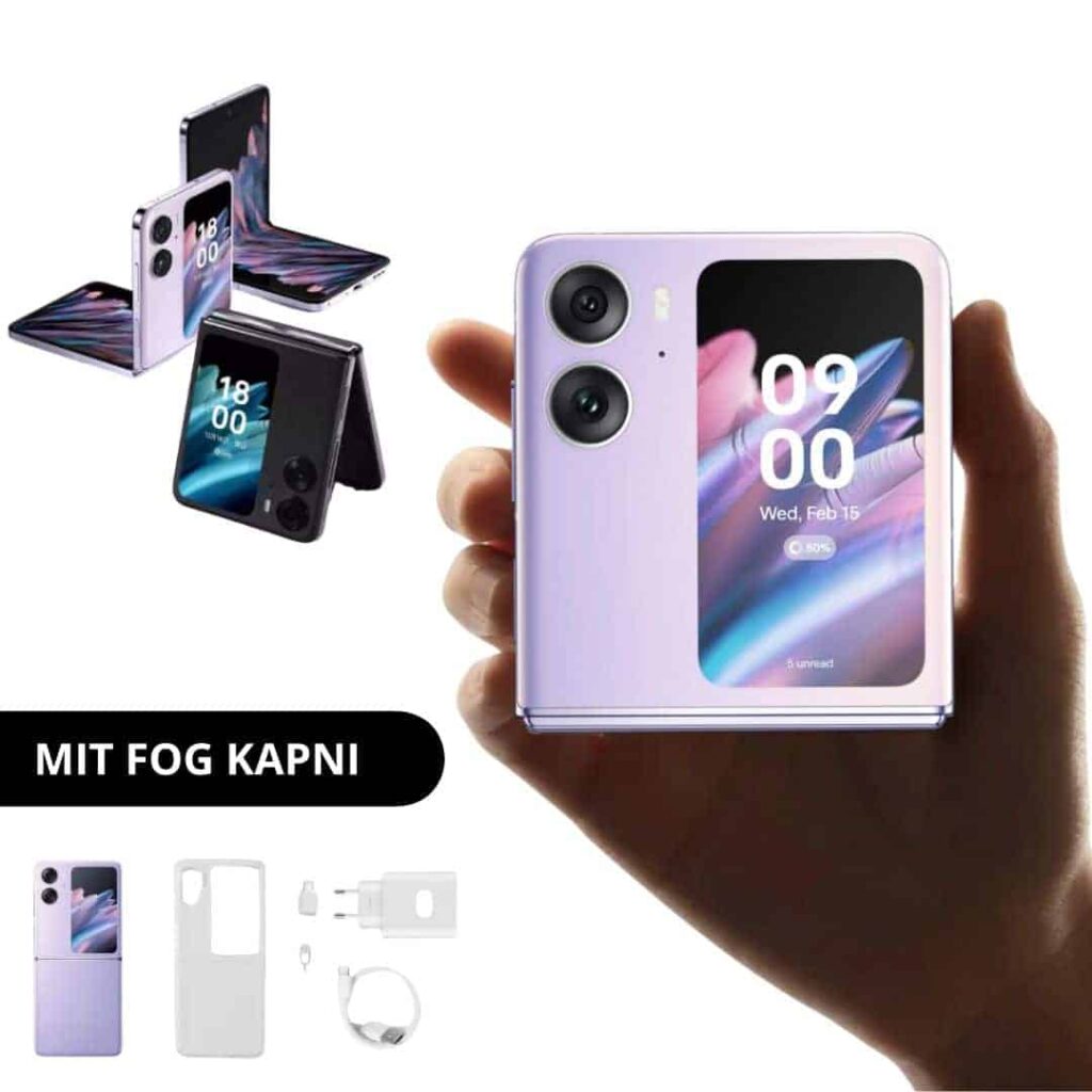 Smartphone pieghevole con doppia fotocamera e schermo esterno.