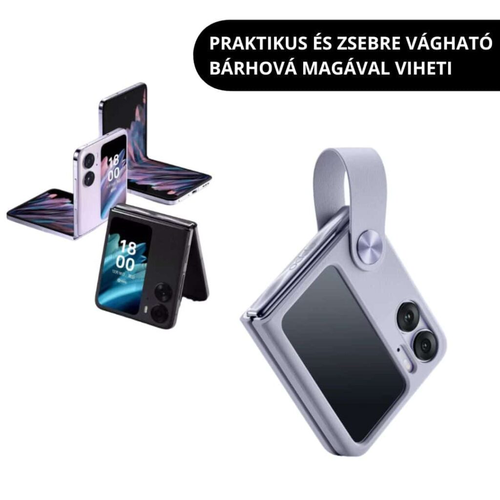 Smartphone pieghevole e gadget portatile con schermo e fotocamere.