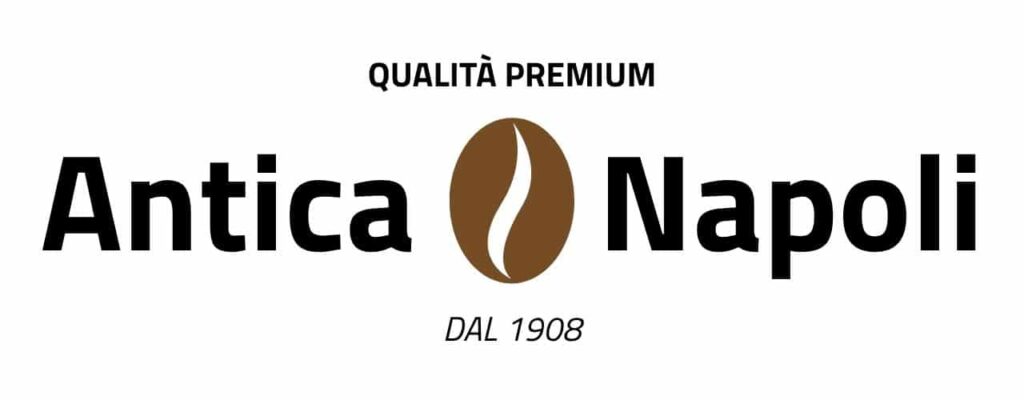 Logo Antica Napoli con chicco di caffè e testo in italiano.