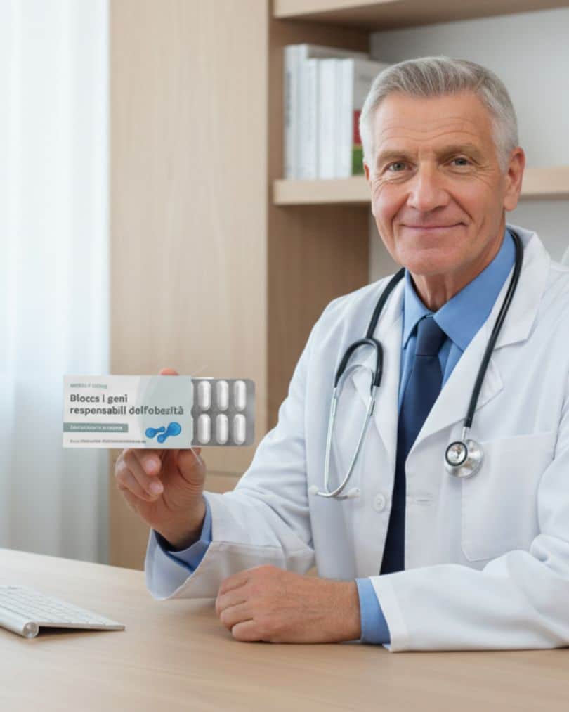 Medico con stethoscopio e integratori vitaminici in mano.