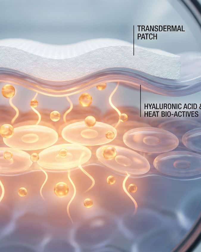 Dettaglio di patch transdermici e acido ialuronico in azione sulla pelle.