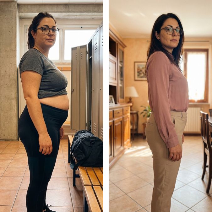 Donna prima e dopo il percorso di perdita di peso e miglioramento della salute.