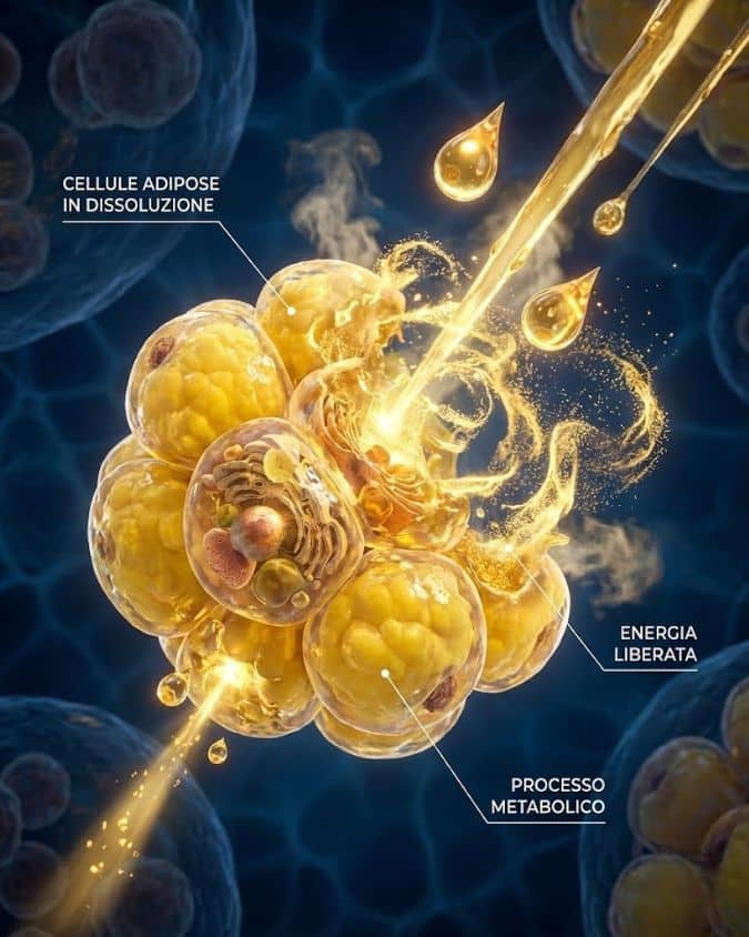 Visualizzazione 3D delle cellule adipose in dissoluzione con energia liberata.