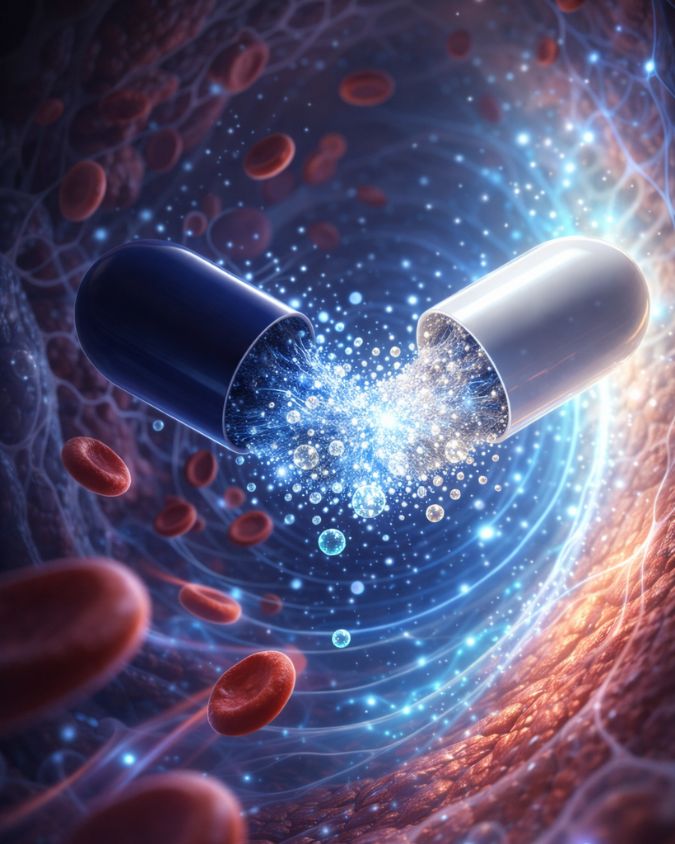 Capsula di medicina che si dissolve nel sangue con globuli rossi.