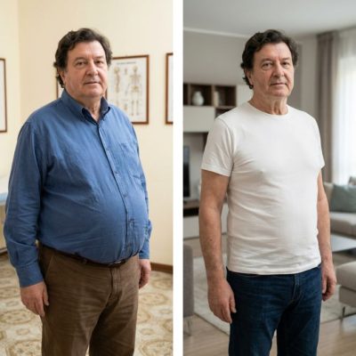 Prima e dopo la perdita di peso di un uomo in casa.