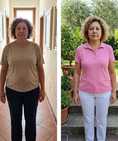 Prima e dopo il cambiamento di una donna in giardino.