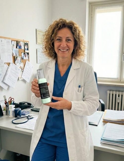 Donna in camice bianco con prodotto erboristico in studio medico.